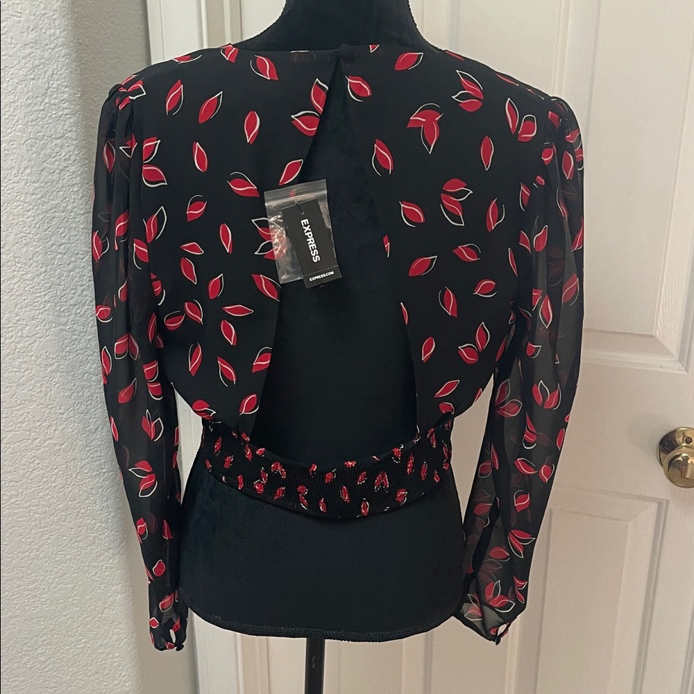 Express Black Blouse with Red Leaf Pattern NWT - image 2